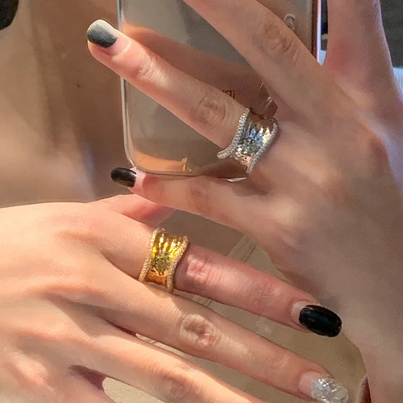 Bilandi Modern Jewelry For Women Geometric Open Rings Senior Sense Gold Color Silver Plated Glass women jewelry rings