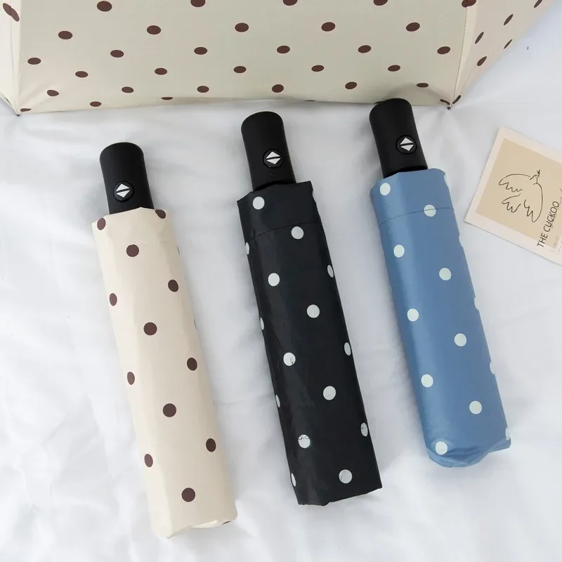 UPF 50+ UV Resistant Polka Dot Umbrella: Black Coating Foldable Compact Portable Sun Parasol