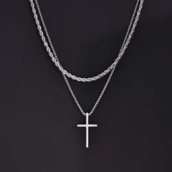 Stainless Steel Cross Pendant Necklace Set - Twisted Rope Chain Choker Fashion Jewelry (Silver)
