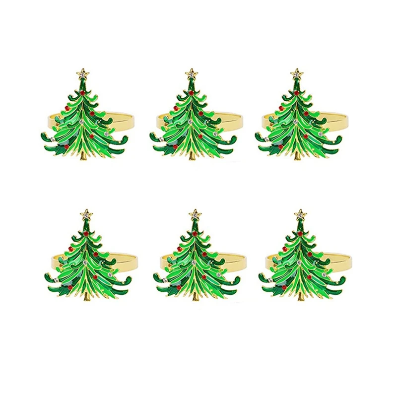 

6Pcs Green Chirstmas Tree Napkin Rings,Golden Rings Designed With Red And White Diamond For Christmas Dinning Table Retail