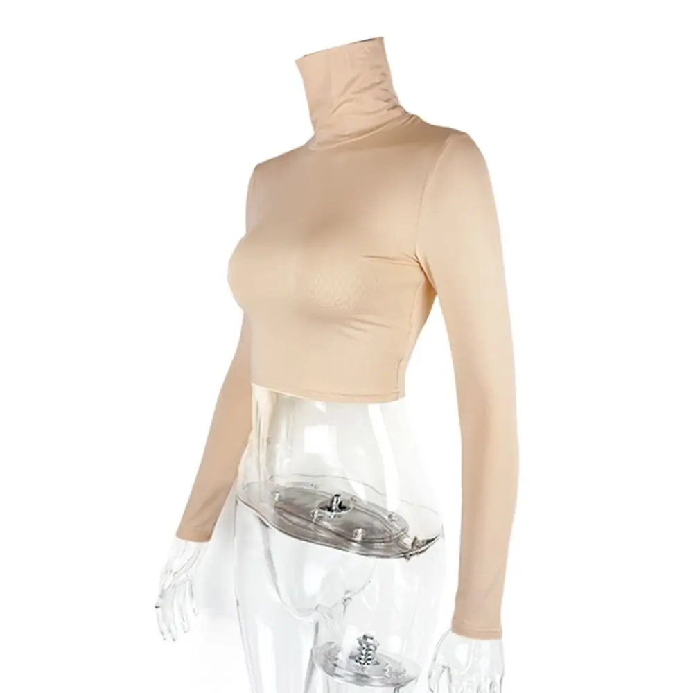 Description Picture 4 of itemSolid Color Y2k Long Sleeve T-shirt Slim Fit Chic High Collar Crop Tops Pullover Undershirts Bottoming Shirt Women Female