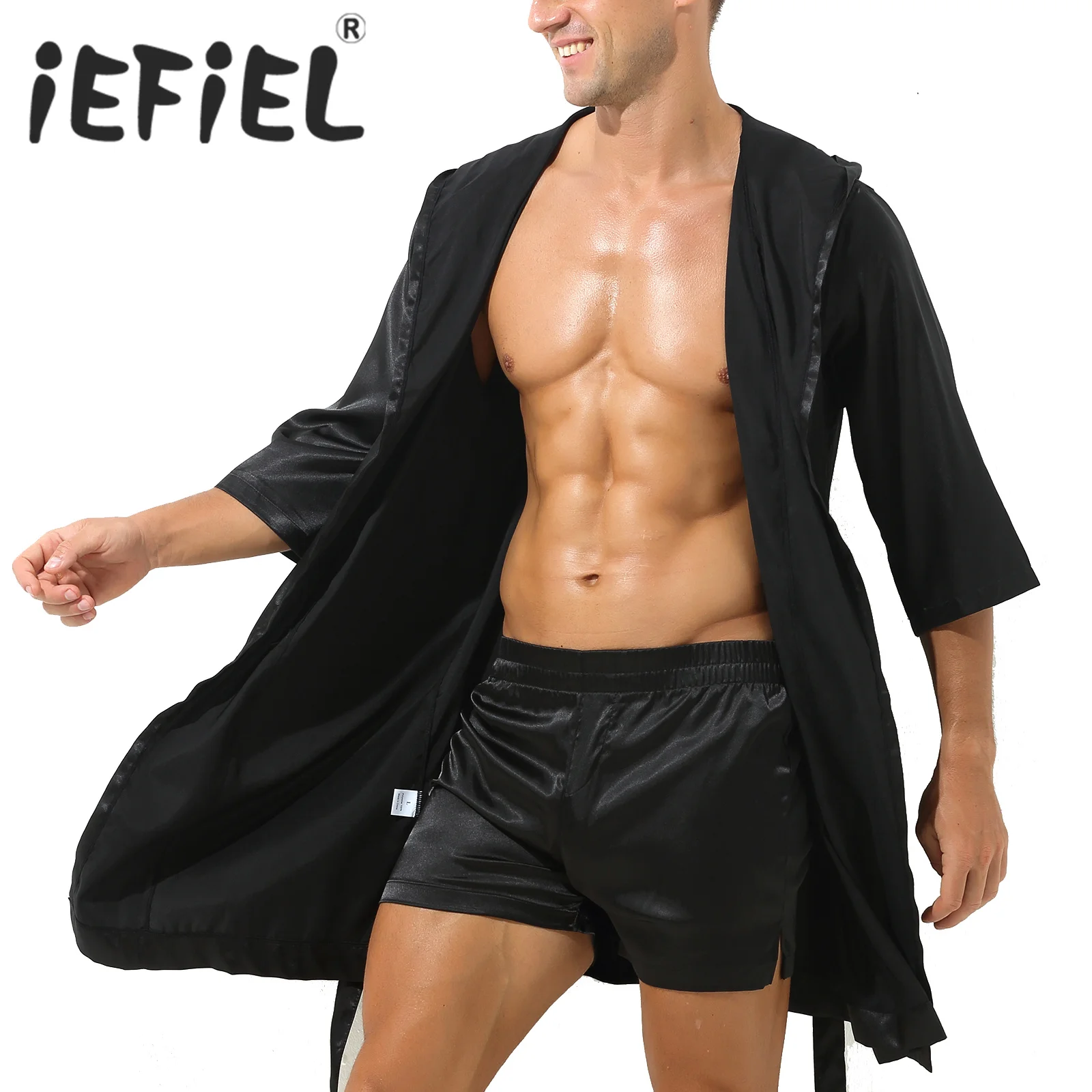 Mens Sleepwear Robe Satin Pajamas Tops Open Front Hooded Night-robe Belted Kimono Half Sleeve Bathrobe without Shorts Nightwear men pyjamas