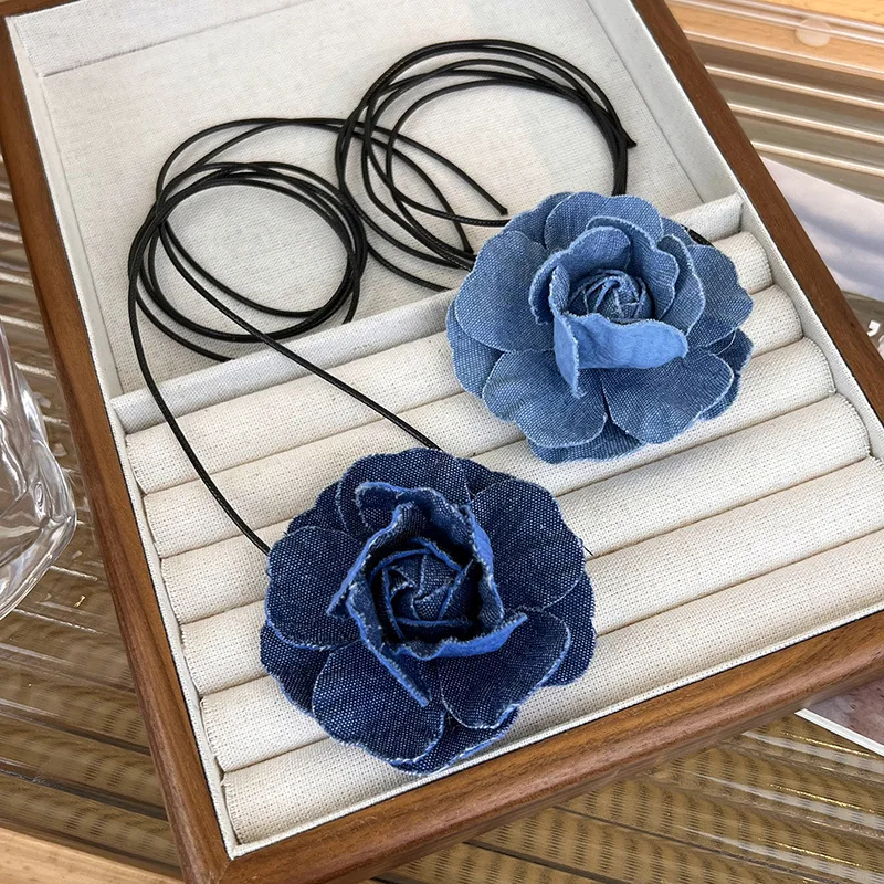 Flower Aliexpress Choker DIY Blue Denim Fabric Flower Choker