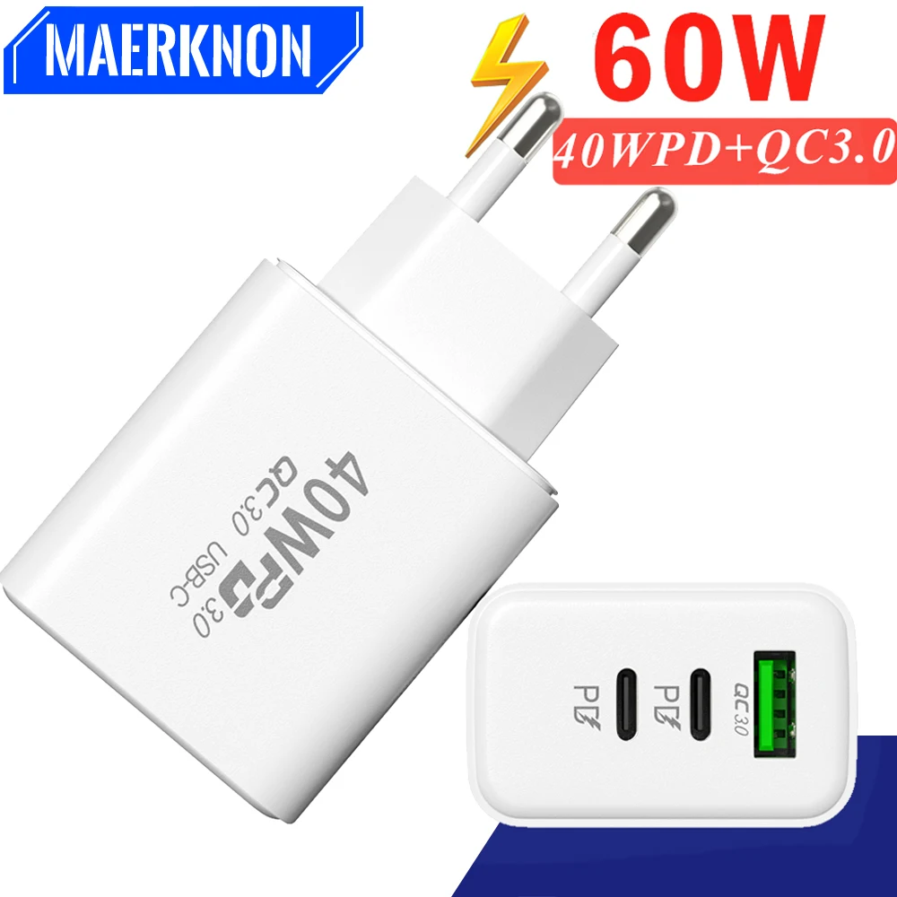

Maerknon USB C Charger 60W Fast Charging Mobile Phone Charger For iPhone 14 Pro Xiaomi Huawei Samsung 3Ports Wall Charger QC3.0
