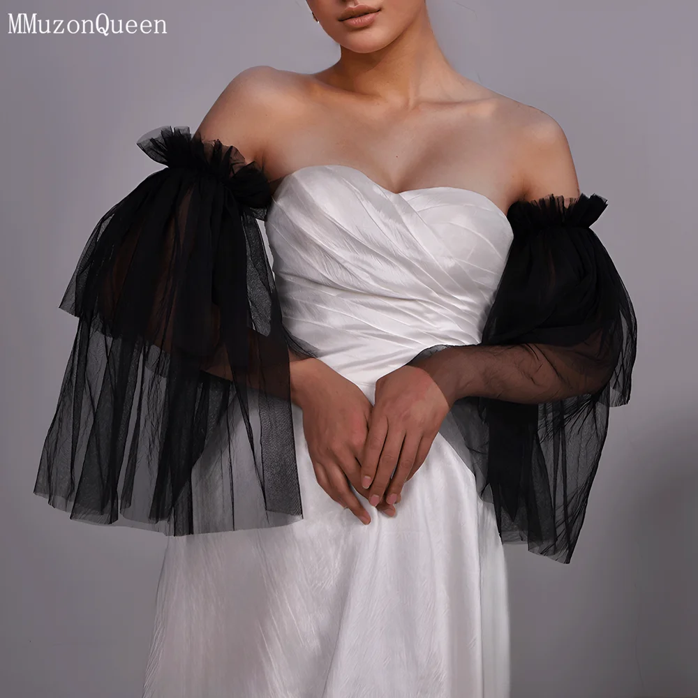 Wedding Sleeve Accessories Wedding Sleeves MMQ MM20 Bridal Long Sleeve Black Tulle Veil Ruffles Vintage Elasticated Sleeve Wedding Stuff For Party&Take Photo DIY Customize