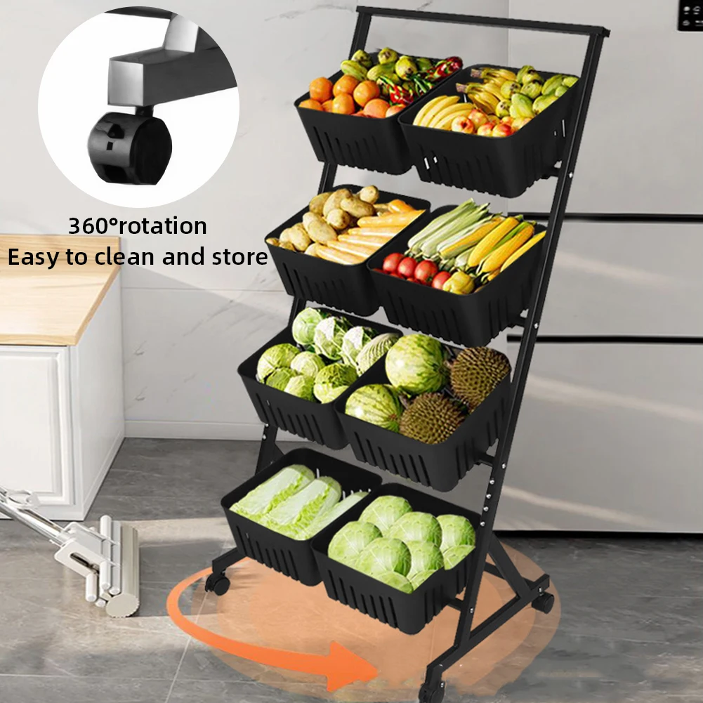4-Tier Fruit and Vegetable Basket W/Rolling Wheels Fruit Basket Stand Vegetable Storage Rack for Kitchen Floor & Pantry