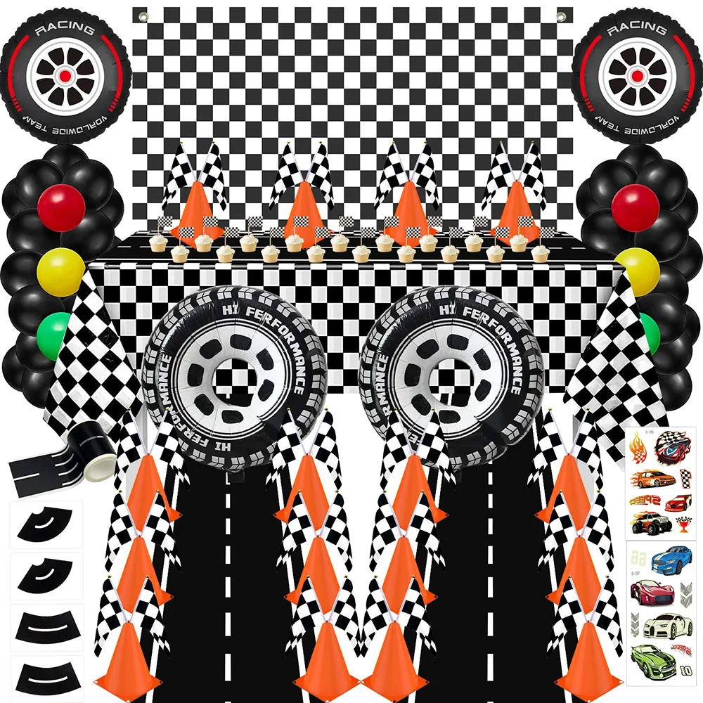 

Race Car Party Supplies Cones With Checkered Flags Race Car Tablecloth Wheel Tire Balloons Racetrack Floor Running Mat Decor