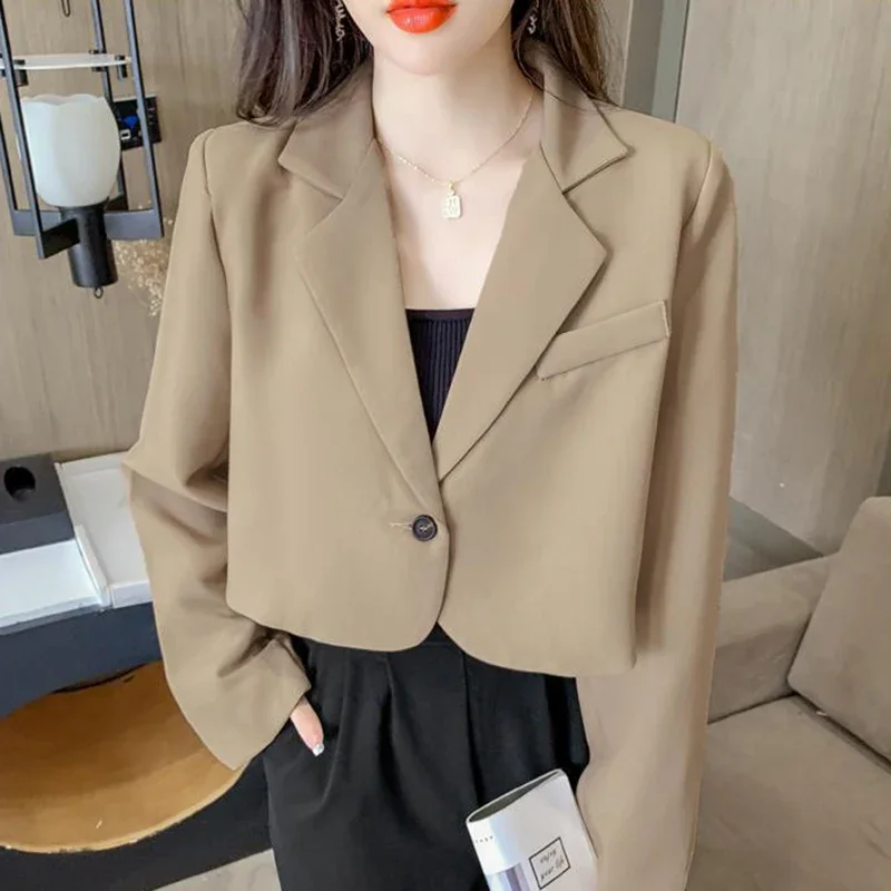Women Korean Cropped Blazers Solid Color Simple Single-button Outwear Teens All-match Long Sleeve Office Suit Jacket blazer