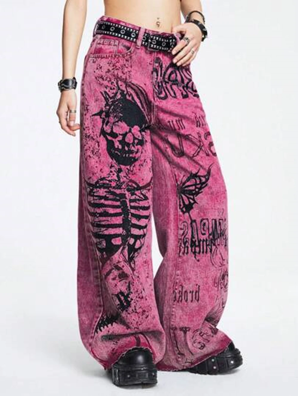 Pink Y2K Grunge Baggy Jeans Vintage Gothic Graffiti Skull Print 3D Lettering High Waist Wide Leg Pants Punk Fashion Streetwear