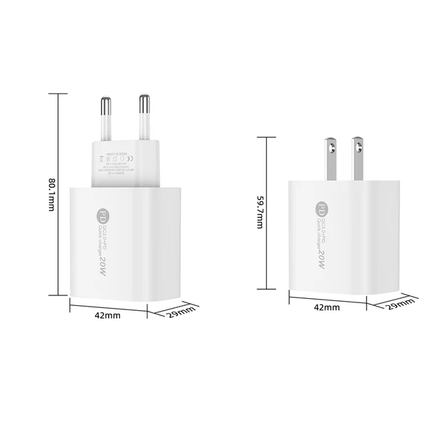 20W Quick Charge 3.0 Travel Charger QC 3.0 + PD Type C Charging Head EU US Standard Mobile Phone Charging Head Suitable For USB 6