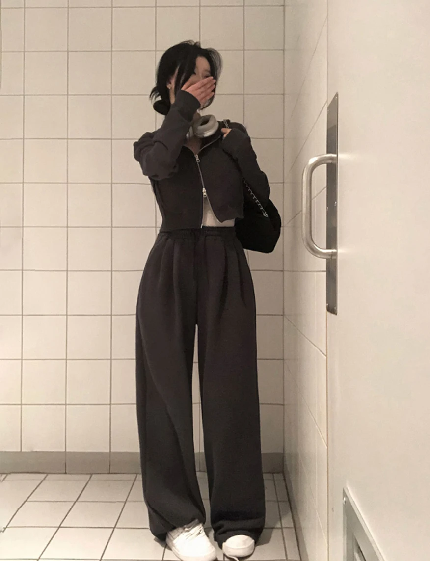 Korean Fashion Streetwear 2-piece Pants Set Women Tracksuit Autumn New Hooded Zip-up Crop Top Long Pants Casual Solid Outfits