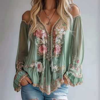 V-Neck Floral Print Blouse with Sheer Sleeves and Asymmetrical Hem 2