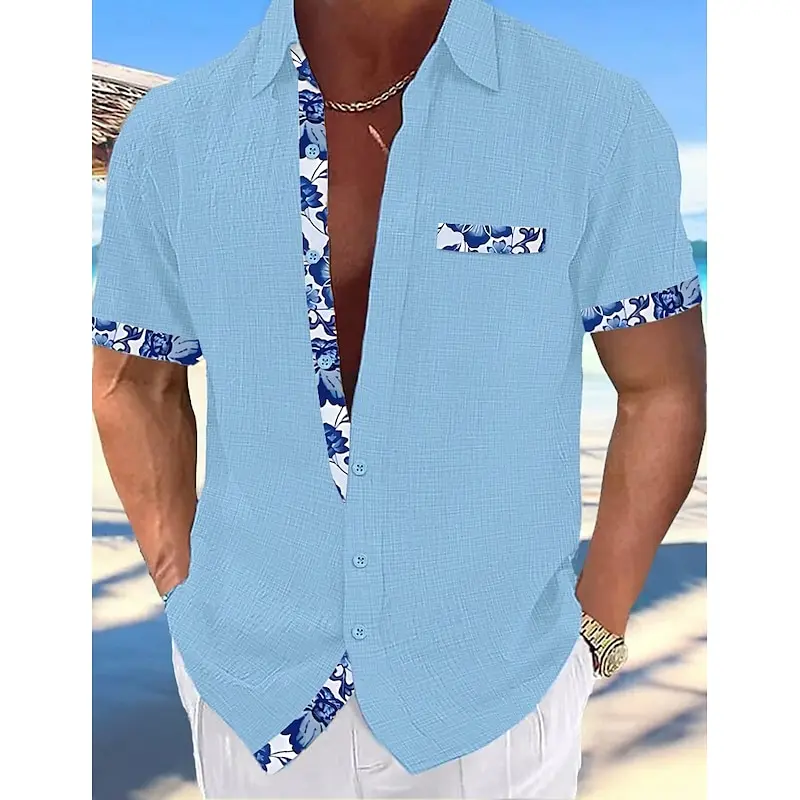 Short-sleeved shirt linen Cool and breathable Comfortable and healthy material Gradient blue Hawaiian beach men's cardigan
