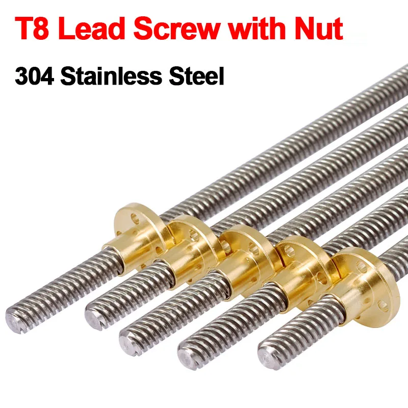 

T8 Lead Screw OD 8mm Pitch 2mm Lead 2mm 100mm 150mm 200mm 250mm 300mm 330mm 350mm 400mm 500mm With Brass Nut For 3D Printer