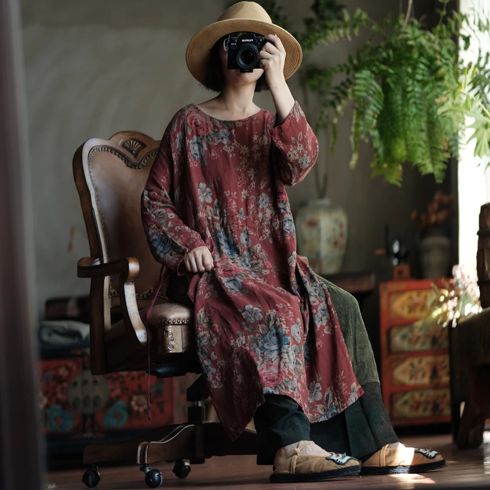 Women Casual Cotton Dress New Arrival 2025 Spring Vintage Style O-neck  Floral Print Loose Comfortable Female Long Dresses M1080 - AliExpress