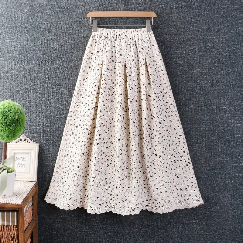 Women's Mori Girl Sweet Floral Printed Skirt, Elastic Waist, Cotton Linen, Loose, Casual, Loose, A-line, Spring, Summer