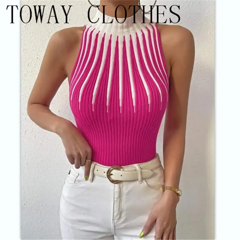

Elegant Women Summer Sweaters Color Matching Patchwork Design High Collar Sleeveless Print Slim Pullovers Knitted Top