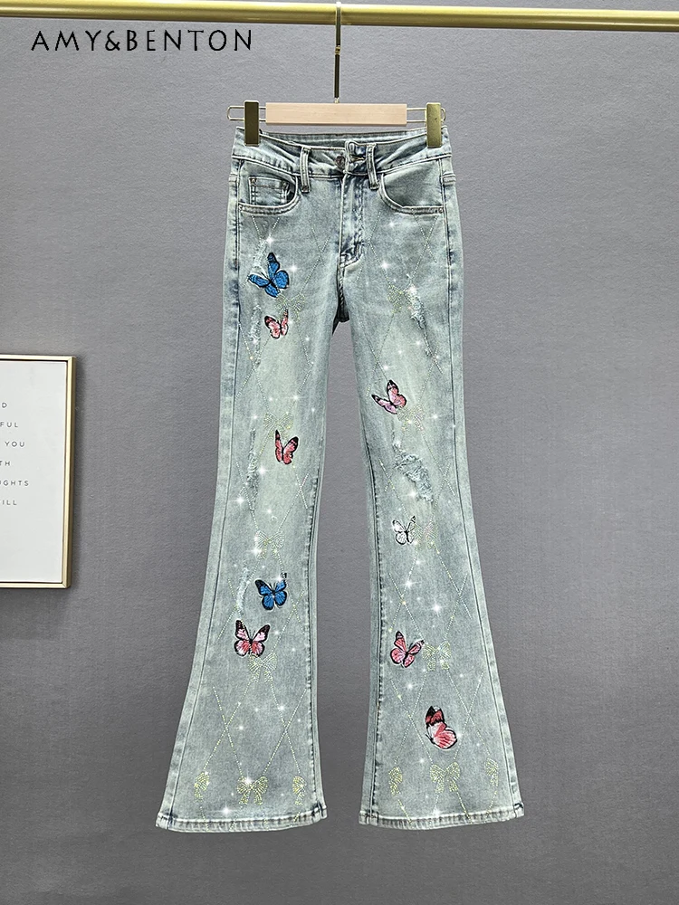 korean-fashion-flared-pants-spring-high-waist-slim-jeans-women-european-goods-diamond-embroidered-high-end-retro-baggy-jeans