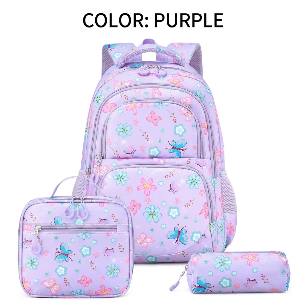 Butterfly Print Backpack Large Capacity Flower Print Backpack Kids School Bag Set Pressure-Relief System Insulated Lunch Bag 4