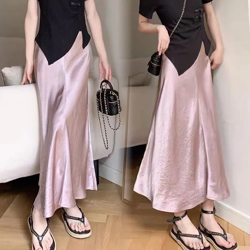 Silk Satin Skirts for Women Korean Style Champagne Office High Waist A-line Skirt Fashion Elegant Solid Long Pencil Skirt