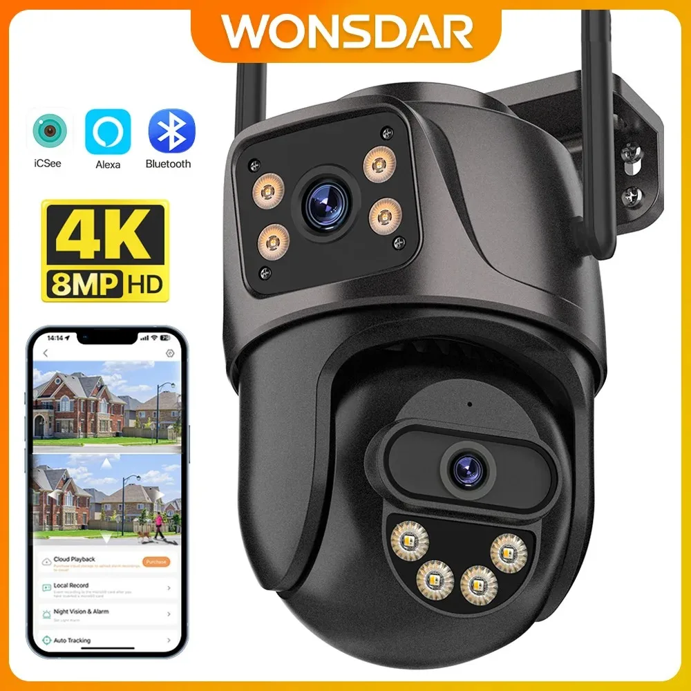 WONSDAR WIFI IP-Kamera für den Außenbereich, Dual-Objektiv-Überwachungskamera, 4K, 8 MP, KI, menschliche Erkennung, Sicherheitsschutz, wasserdichte Kamera, PTZ iCsee