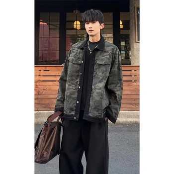 Giacca di Jeans Mimetica da Uomo Autunnale Lavata con Colletto Rovesciato Monopetto Manica Lunga Vestibilità Ampia Stile Vintage Workwear Streetwear