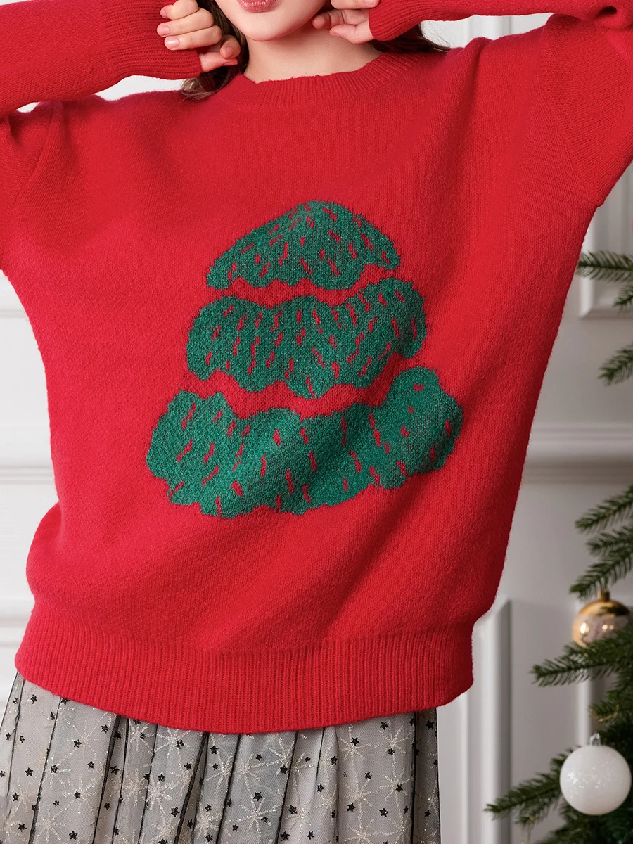 thumbnail image 3 of Suéter de árbol de Navidad para mujer, rojo/verde, hombros caídos, manga larga, cuello redondo, suéteres de punto sueltos acanalados, prendas de punto de invierno, 3 of 5