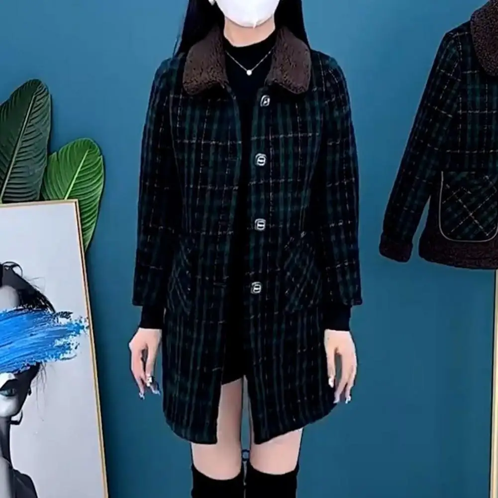 

Женское теплое пальто в клетку с отложным воротником, стильная теплая куртка средней длины с карманами, утепленный плюшевый материал для осени