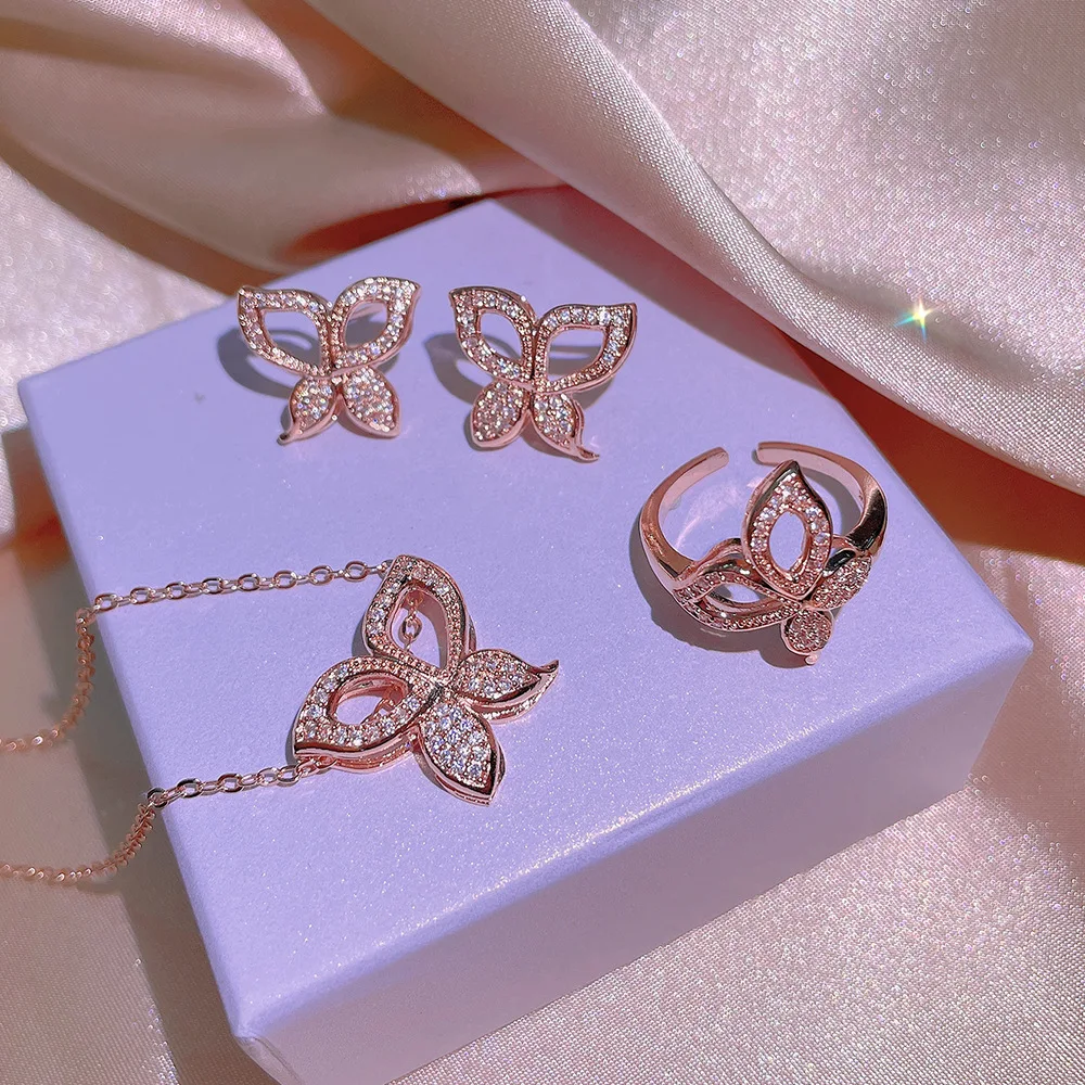Hot Selling Jewelry Women's Three-piece Fashion Butterfly Shape Jewelry Three-piece Open Adjustable Ring Butterfly Wedding Set