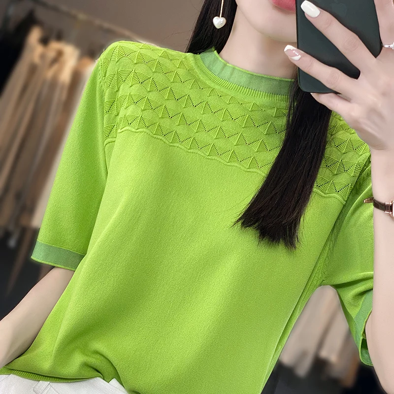 

Women's T-shirt Summer Worsted Wool Sweater Short Sleeve Casual Hollow Knitwear Round Neck Ladies' Tops Loose Pullover Tees