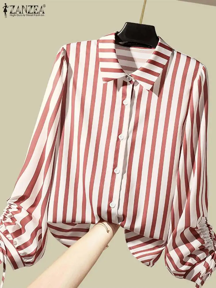 

Рубашка ZANZEA Женская в полоску, элегантная офисная блузка с отложным воротником и длинным рукавом, повседневная богемная женская блузка