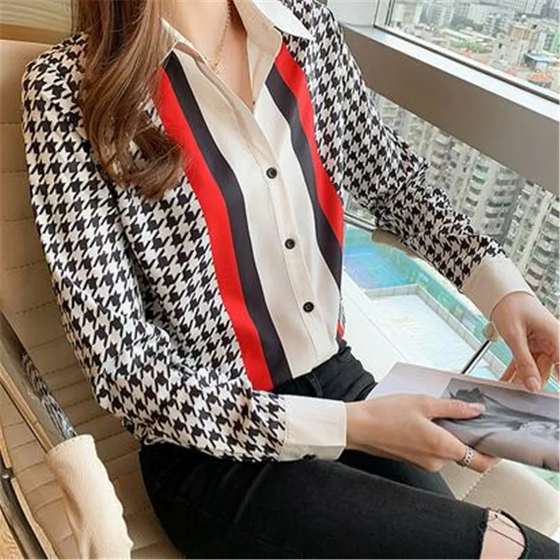 

Houndstooth Shirt Women Blouse Long Sleeve Korean Fashion Summer New Chiffon Casual Loose Splicing