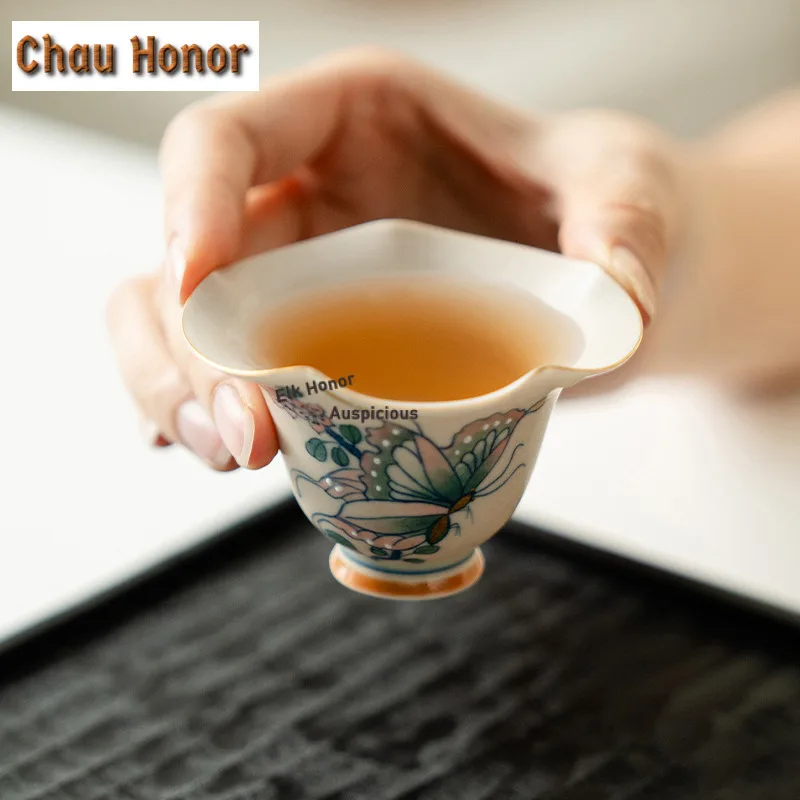 45ml Hand-painted Butterfly High-footed Teacup Elegant Tea Bowl Set Cups Tea-tasting Smelling Cup Chazhan Master Cups Drinkware
