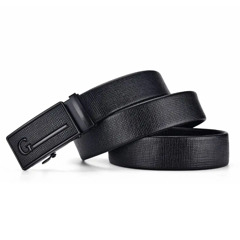 High Quality Men Leather Belt Metal Automatic Buckle Work Business Black Cowskin PU Strap_voghion.com