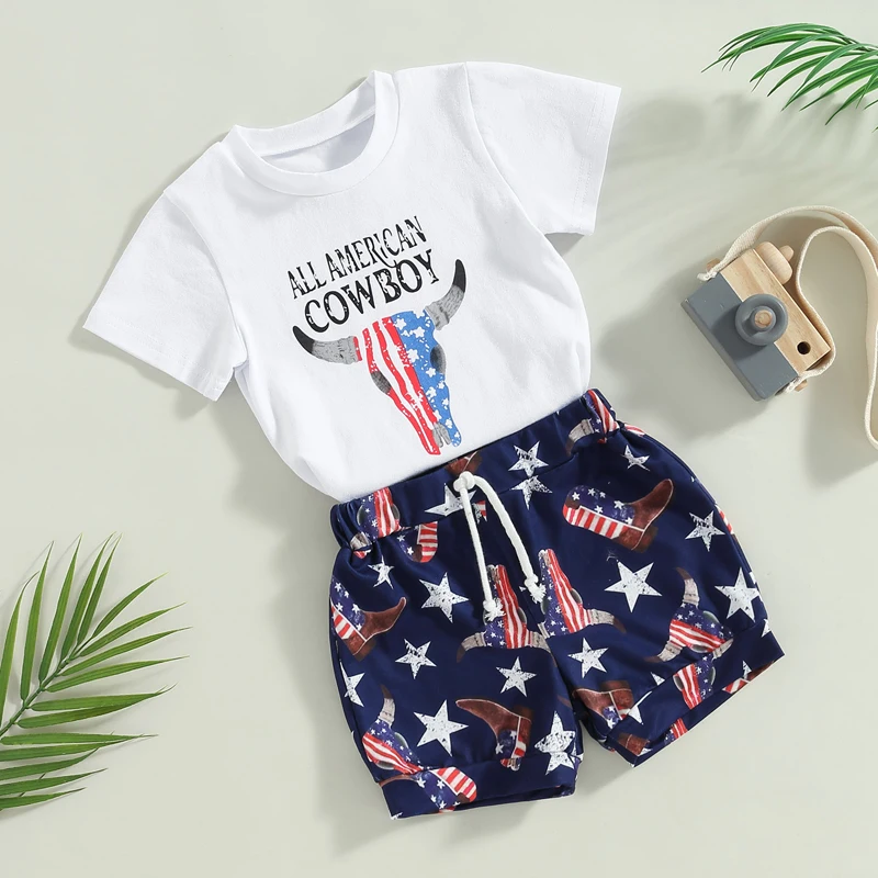 

Toddler Boys Summer 2PCS Outfit Sets White Short Sleeve O Neck Letter Print Tops + Cattle Head Print Shorts