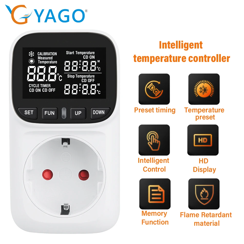 

EU Plug Digital Temperature Controller Socket Outlet Thermostat With Timer Sensor Probe Heating Cooling Switch 16A Backlight