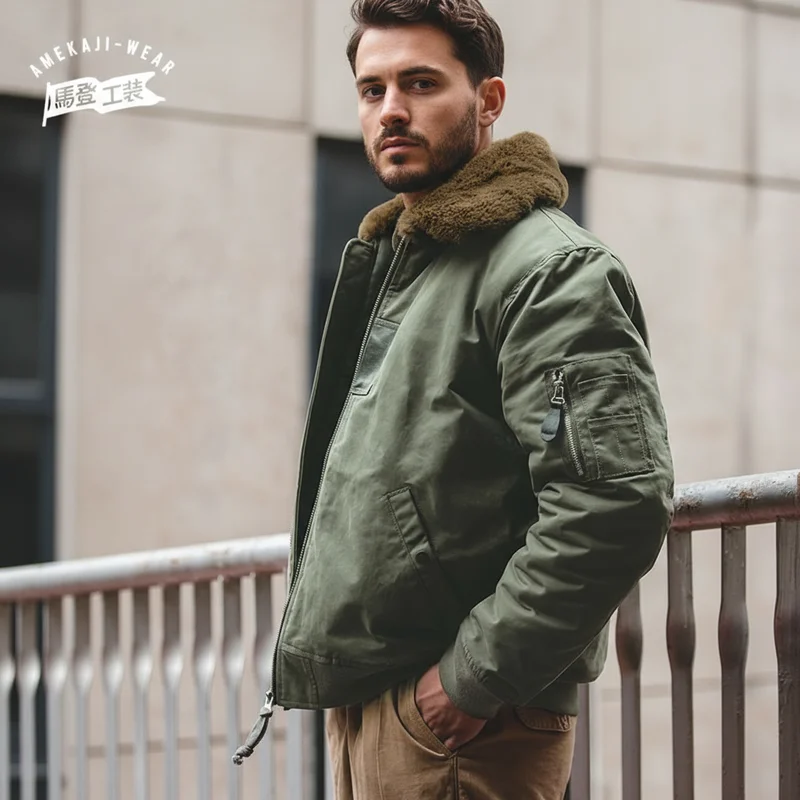 Maden Vintage B15 Bomber Jacket for Men Faux Rabbit Fur Lapel
