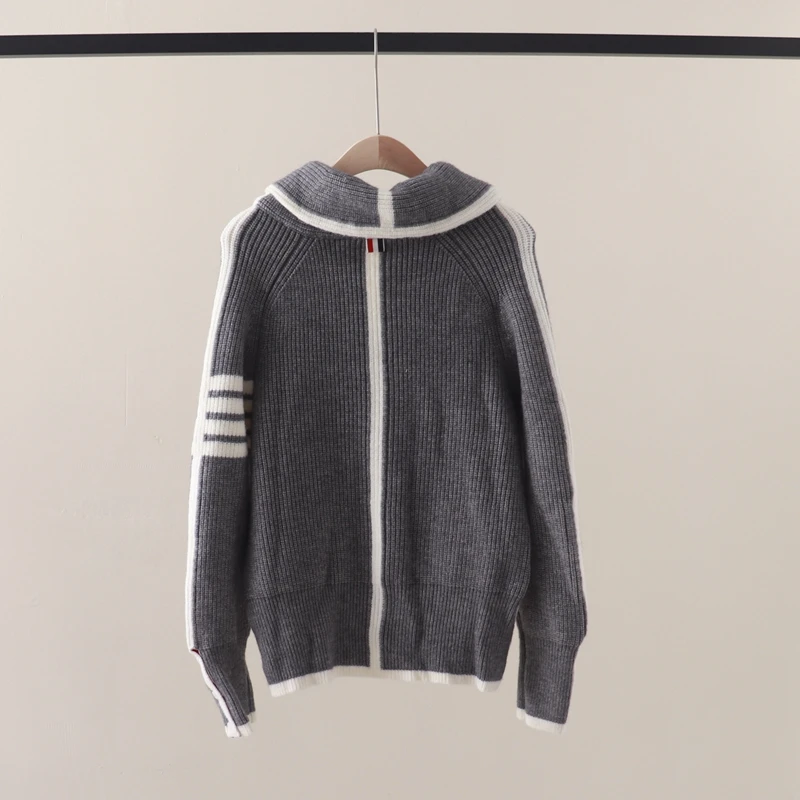 TB 가디건 4 바 메쉬 레드 스웨터, 폴로 칼라, 두꺼운 루즈 캐주얼 코트, 패션 트렌드, 가을 및 겨울 신상