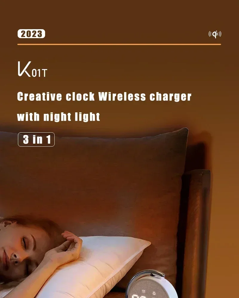 Description Picture 2 of itemLED Night Light 3 Lights 360° Rotate Clock Alarm Clock Desktop Mobile Phone Wireless Charger for Bedroom Smart Phones Room Decor