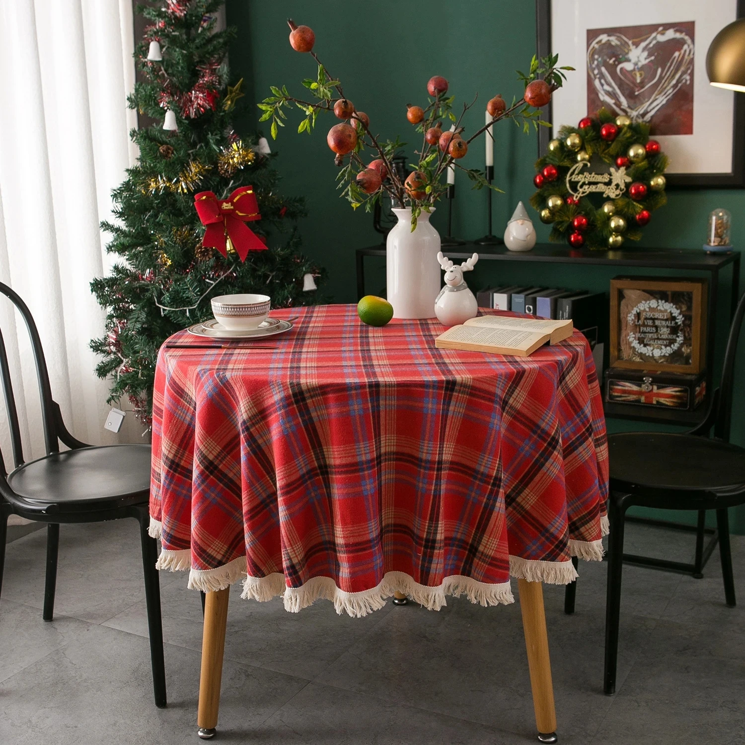 Kersttafelkleed Rechthoekig  150 X 300 Cm  Metallic Groene En Gouden Kerstboom 164500