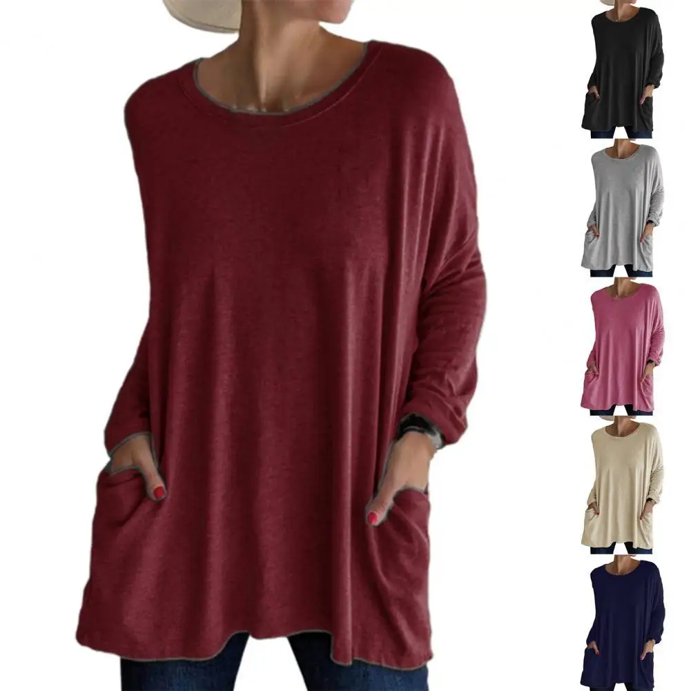 

Women‘s Clothing O-Neck Long Sleeve Simple Blouse Fall Winter Side Pockets Solid Color All-matched Pullover Top Streetwear