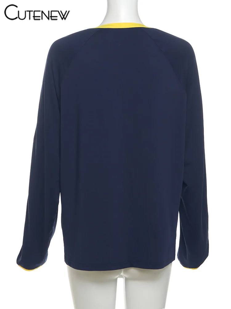 Football Track Women T-shirts Autumn Printed Striped Long Sleeve V-neck Oversized Tops Female Active Casual Streetwear