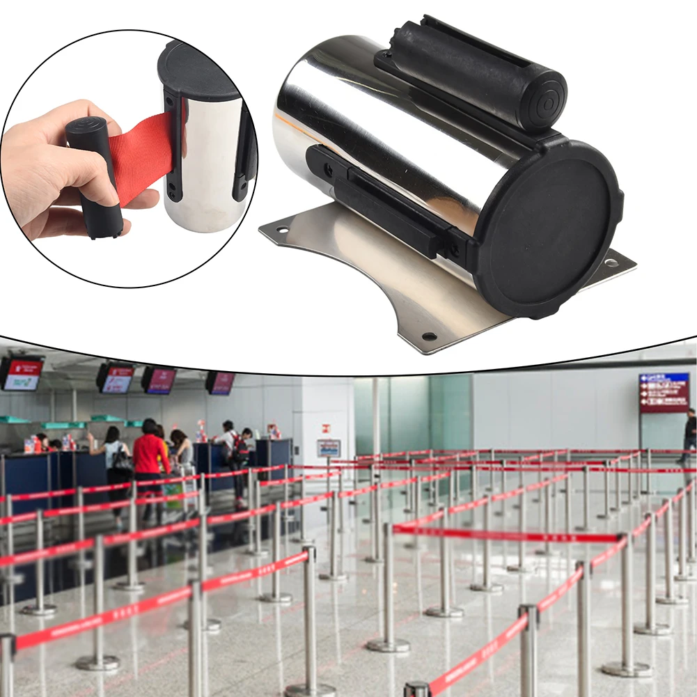 Stainless Steel Retractable Tape Barrier 1pc 2/5m Evacuation Crowd Control Wall Mounted Red Band Motion Post Queue Rope Barrier