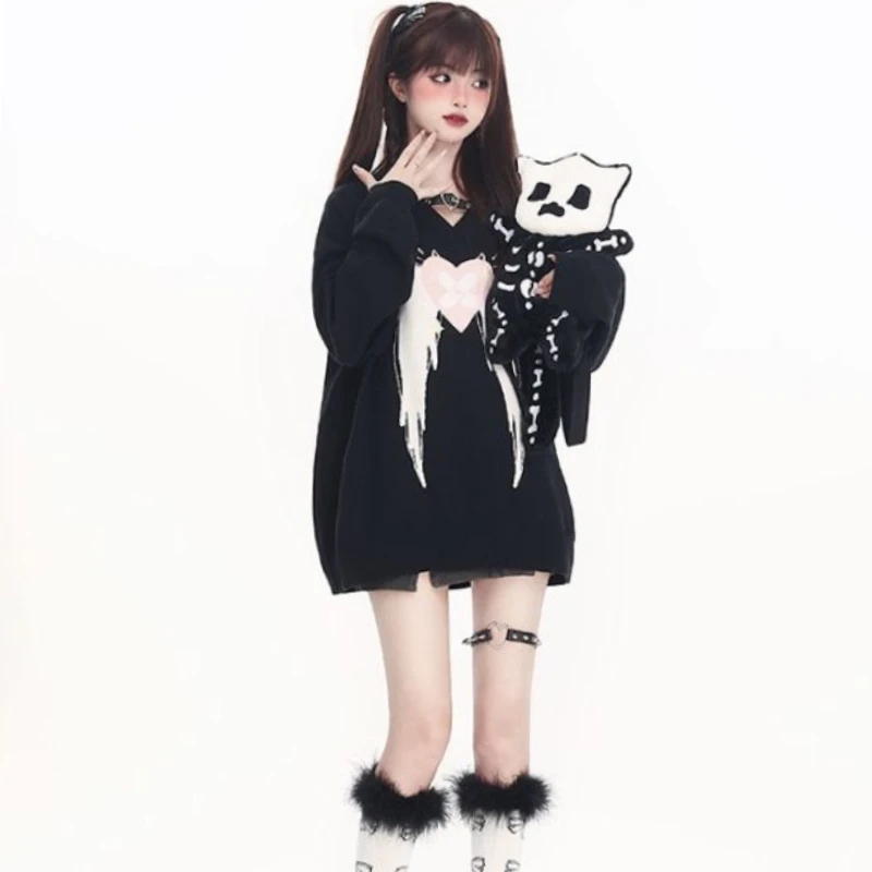 

Gothic Emo Angel Print Sweatshirt Women Y2k Harajuku Black Oversize Hoodie Female Korean Streetwear Long Sleeve Top