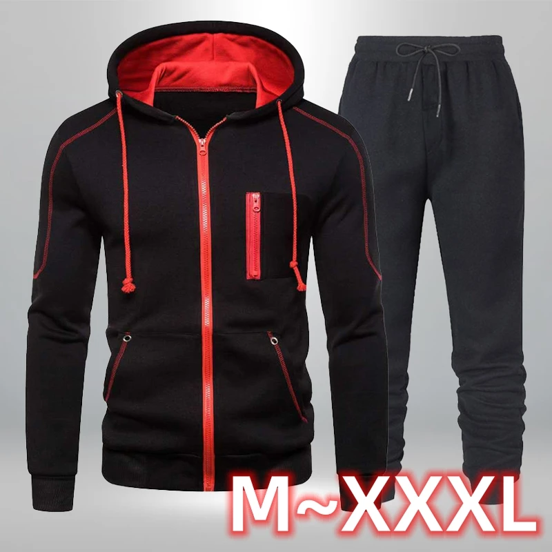 

Trending men's personality two-piece fashion zipper solid color Hoodie+trousers autumn and winter warm Sportswear two-piece