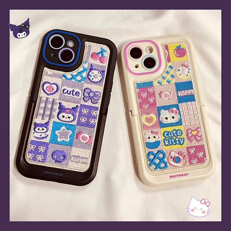 

Kawaii Sanrio Anime Hello Kitty TPU Phone Case Cute Cartoon Kuromi IPhone15 Lovely Velvet Cloth All-inclusiveI Embroidery Girls