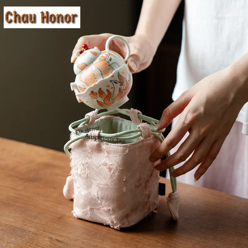 Pure Hand-drawn Nine-tailed Fox Travel Tea Set Kit Handmade 1 Pot 1 Cups Tea Brewing Organizer Portable Camping Tote Bag Gift