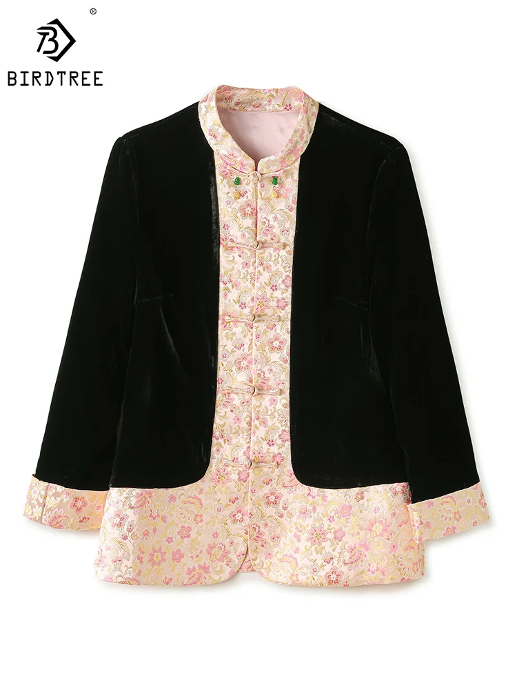 

Birdtree 80% Real Silk Patchwork Velvet Black Coat Women Chinese Style Floral Jacquard Retro Jackets 2024 Spring Autumn C41356QM