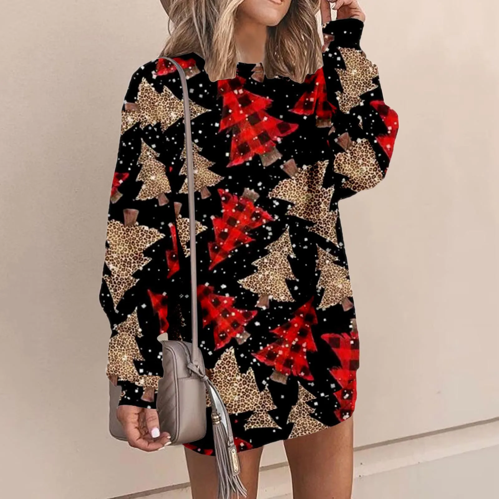 

Women Fashion Merry Christmas Dress Fleece Crewneck Pullover Sweatshirt Dress Long Sleeve Mini Sweater Wrap Dress for Women