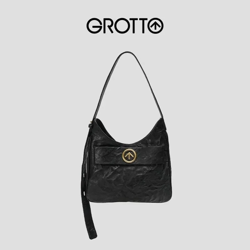 

GROTTO's new style Black Fashion pleats wrapped in plant tanned sheepskin pop Soft commuter bag Trend Designer shoulder bag